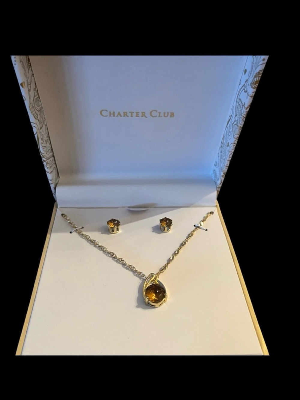 Charter Club Gold-Tone Citrine-Colored Pendant Necklace with Matching Studs